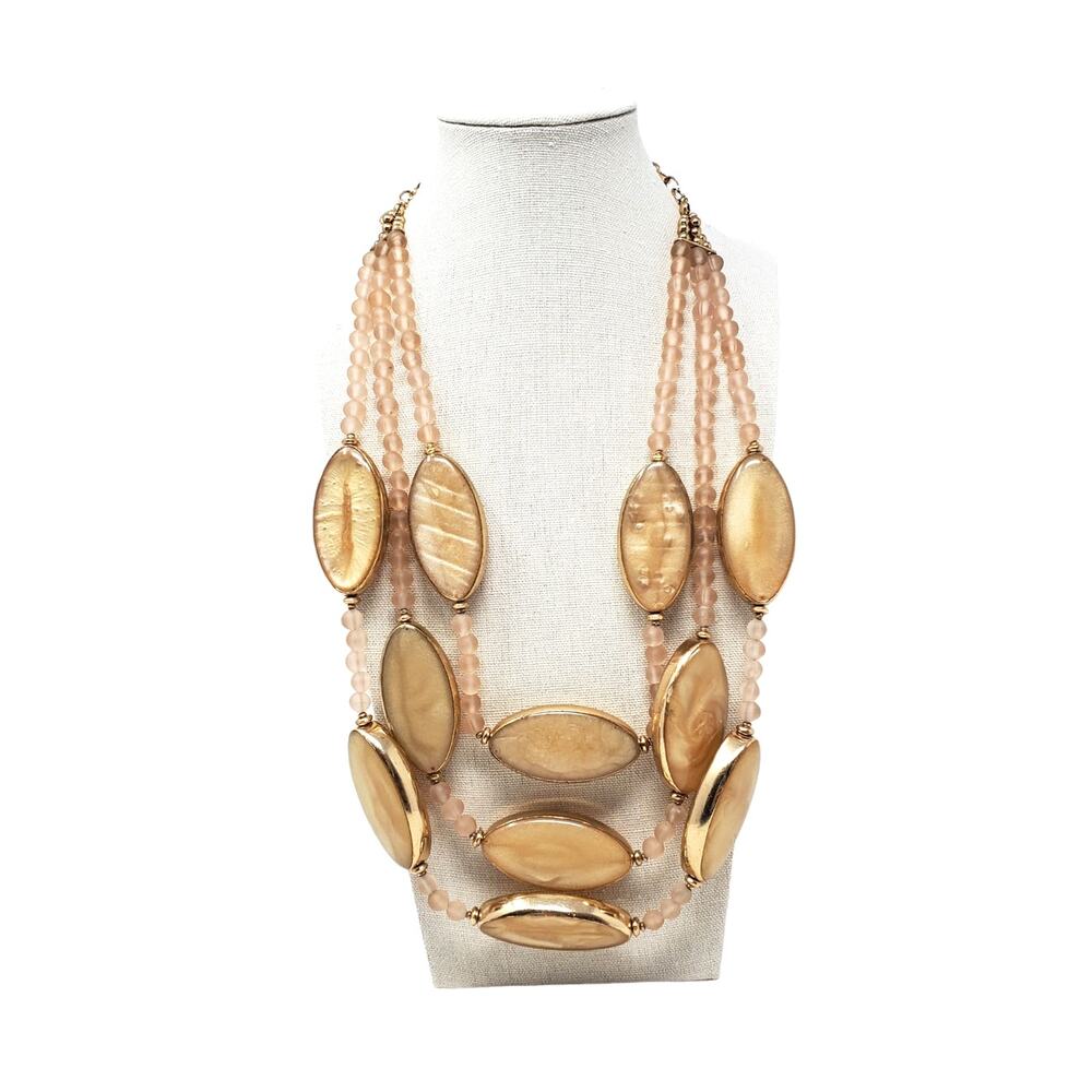 Chico’s 3 Strand Statement Necklace Gold-tone Big Oval Beads Adjustable